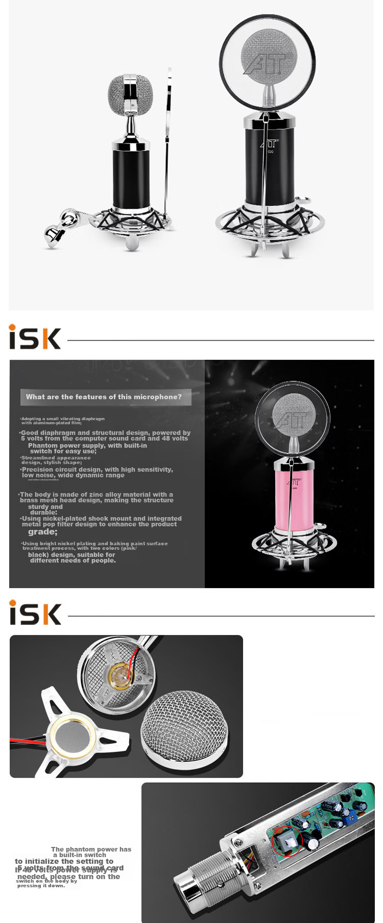 ISK S500 Конденсаторный микрофон для мобильных телефонов, компьютеров, звуковых карт, колонок, прямых трансляций, видеозвонков, пения, записи и озвучивания. Переключаемый между 48 В и 5 В. Розовый