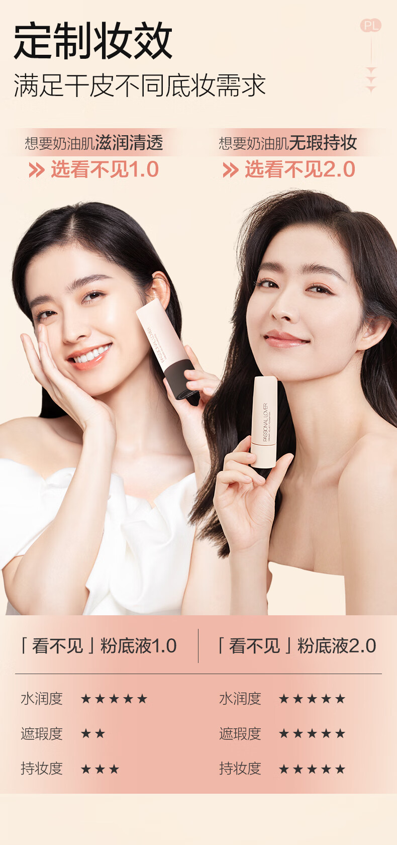 恋火（Passional Lover）【专享】PL看不见粉底液2.0 00瓷白色30g 遮瑕持久干皮奶油肌