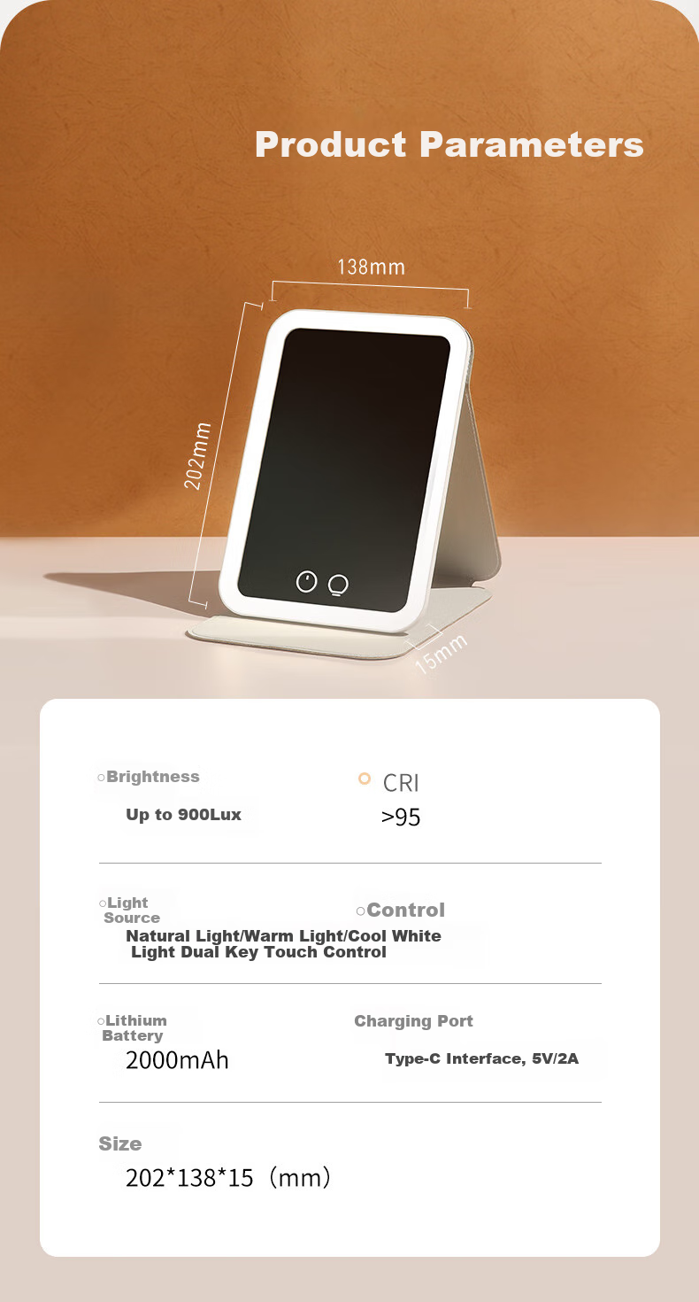 Косметическое зеркало EASEHOLD с подсветкой, портативное, умное, LED, с аккумулятором, белое, 2000 мАч, 103.22 CNY