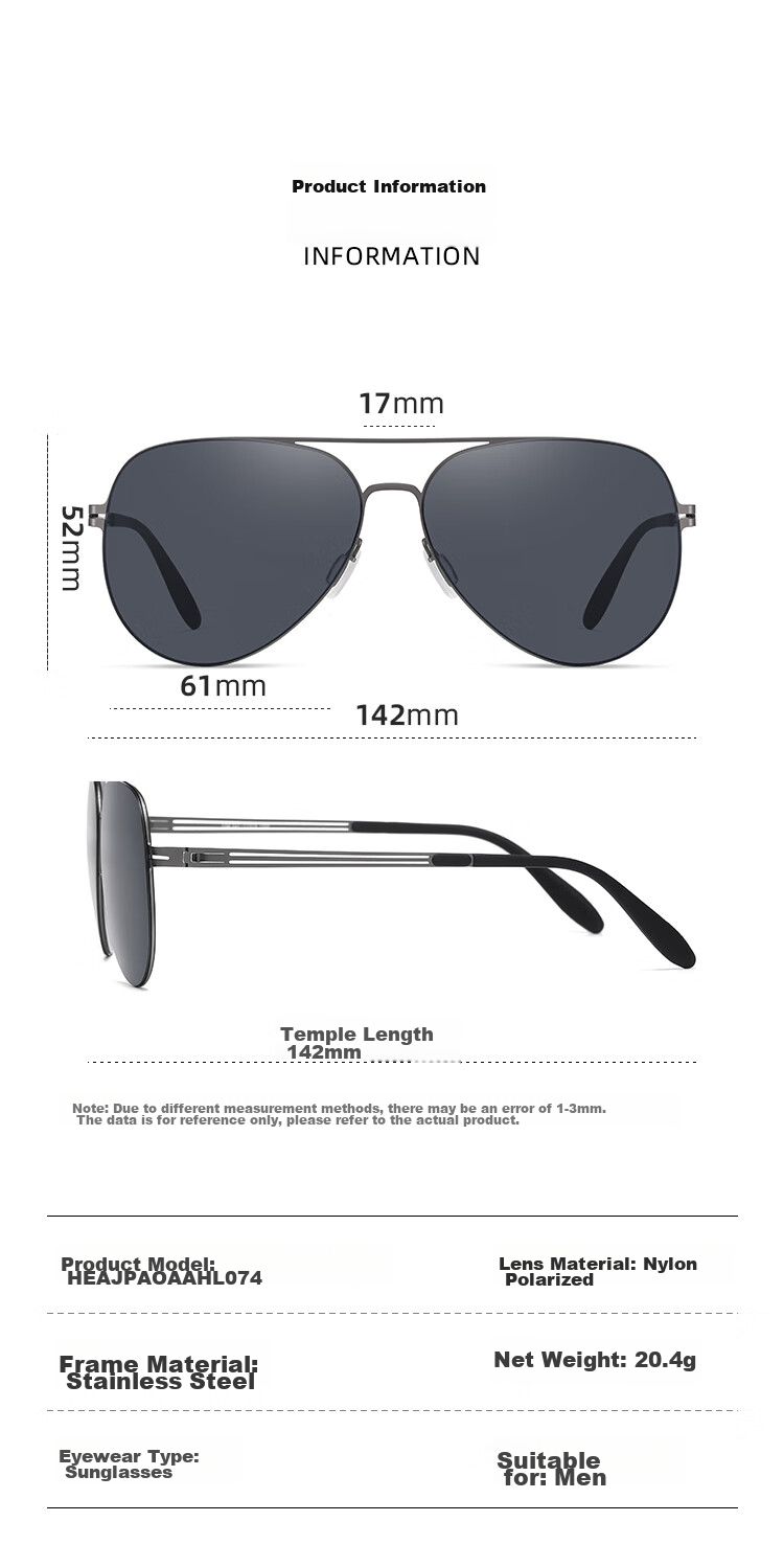 Polarized Aviator Sunglasses HLA for Men, Classic Vintage Style, Gunmetal Frame, Black and Gray Lenses, UV Protection