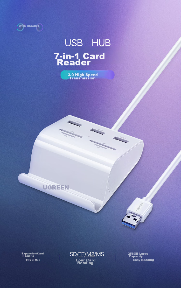 UGREEN USB 3.0 Hub, 3-портовый концентратор, док-станция с кард-ридером SD/TF и портом питания