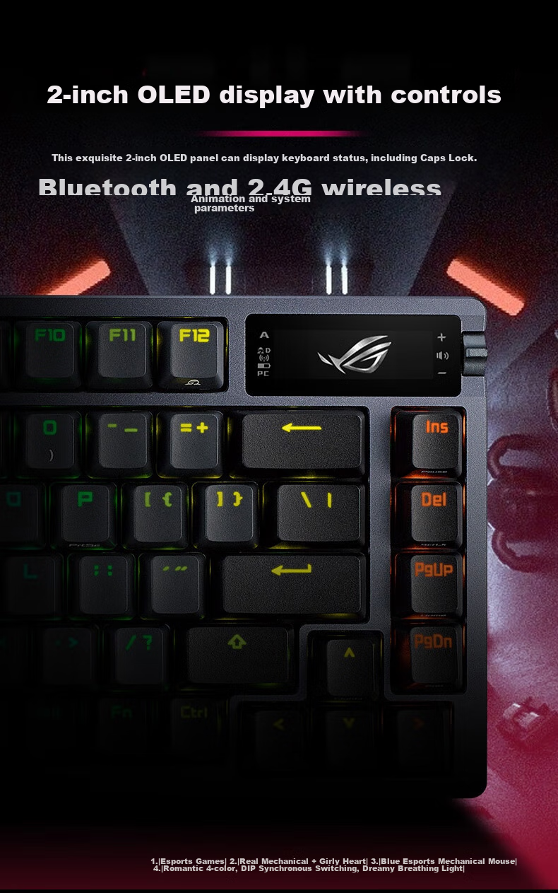 ROG Night Demon Механическая клавиатура, беспроводная/трехрежимная игровая и киберспортивная клавиатура, 75-клавишная раскладка, NX Snow White Switches, RGB Hot-Swappable Customizable Gasket Structure с OLED-экраном, Moonlight White