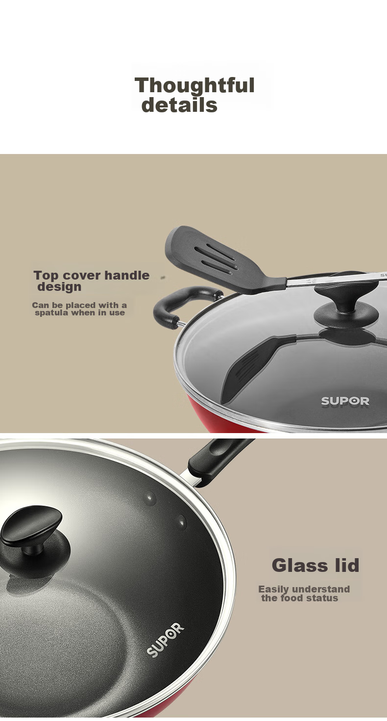 Сковорода SUPOR Non-Stick Wok 34 см, подходит для индукционных и газовых плит, здоровое приготовление пищи для домашнего использования PC34S1