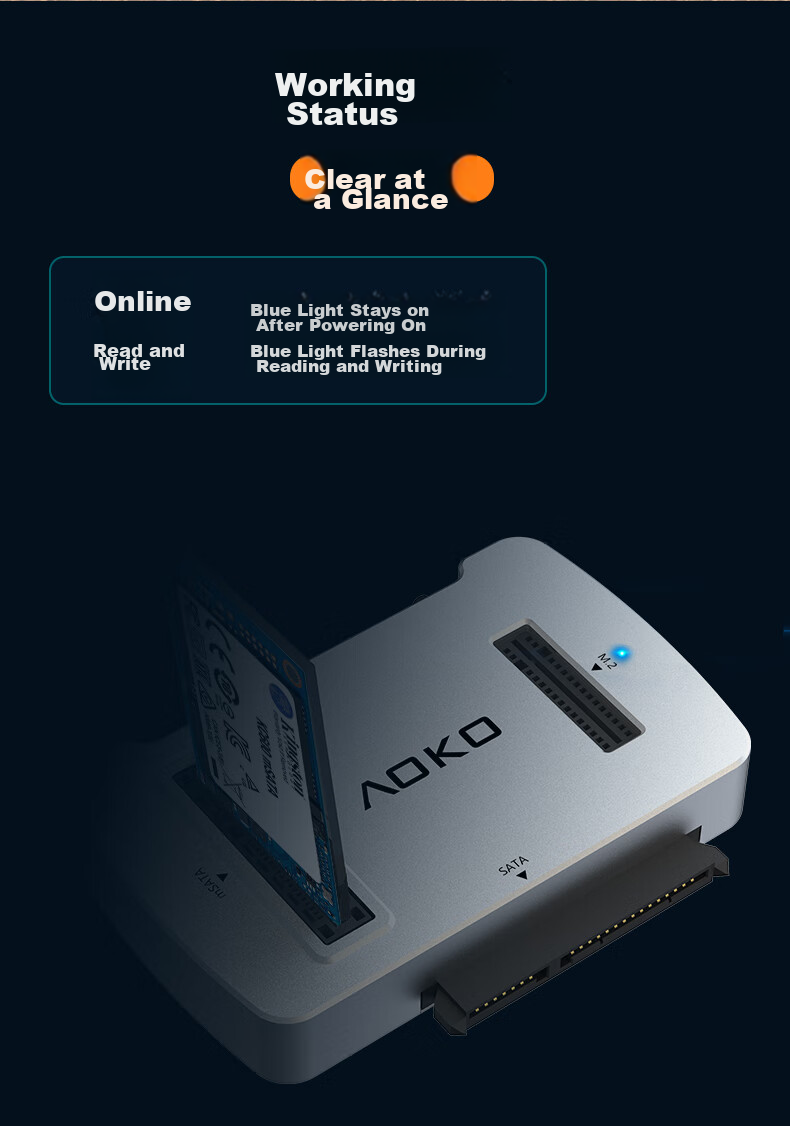 AOKO AM10SL - док-станция для SSD M.2/SATA/NVMe, mSATA, 2.5/3.5" SATA, USB Type-C, алюминий, серебристый