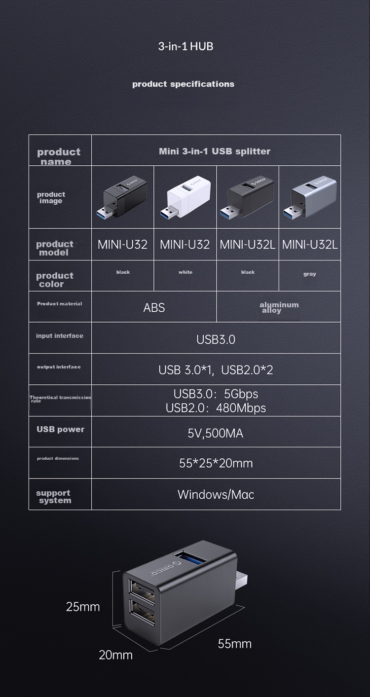 USB-хаб ORICO MINI 3-в-1, док-станция с прямым подключением, черный