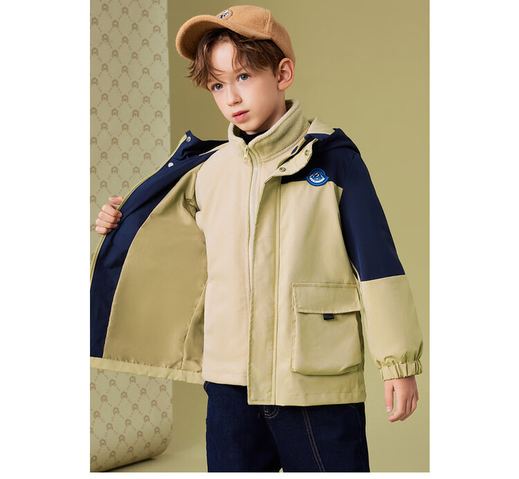 Детская куртка ASK JUNIOR, весенне-осенняя, с капюшоном и флисовой подкладкой, двухслойная, для мальчиков, цвет хаки, размер 130