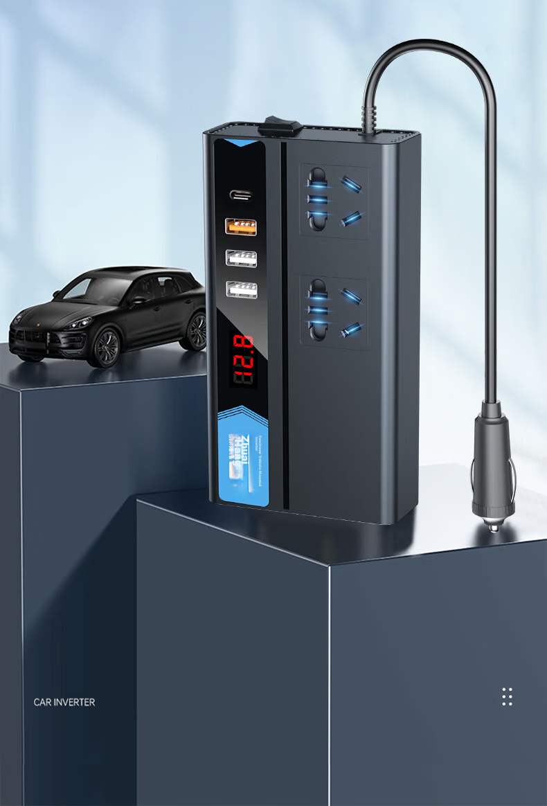 Автомобильный инвертор Zhunhang, 12V/24V в 220V, 200W, с USB-портами и дисплеем, квадратная волна