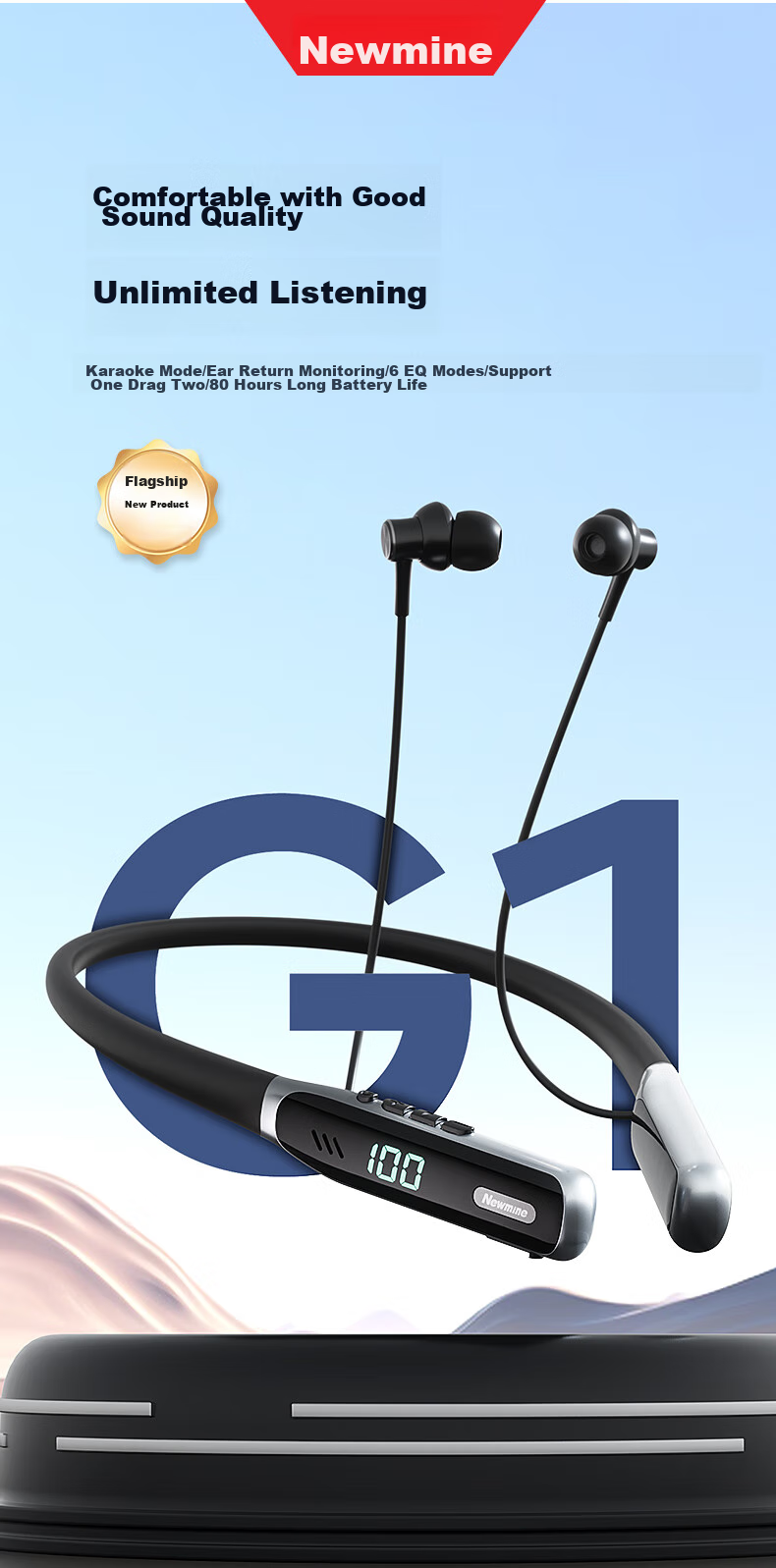 Беспроводные наушники Newmine G1 Bluetooth, для спорта, караоке, игр, звонков, с шумоподавлением, полувнутриканальные, длительное время работы, совместимы с Apple, Huawei, Xiaomi