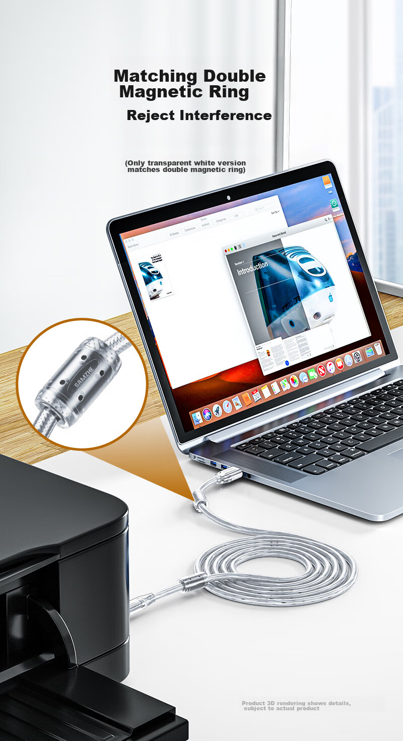Кабель SAMZHE USB 2.0 для принтера, 5 метров, с двойным магнитным кольцом, никелированное покрытие, UK-405
