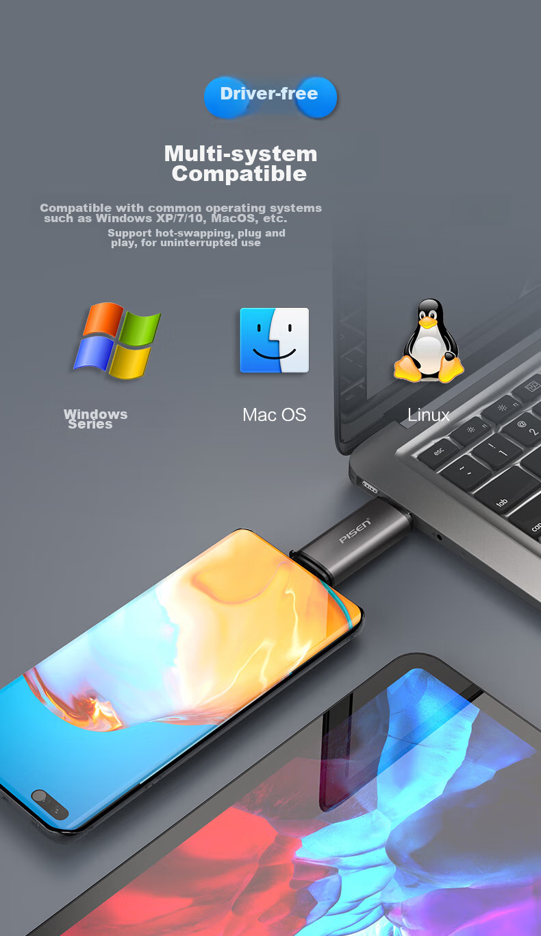 Кард-ридер PISEN Type-C SD/TF, 2-в-1, алюминиевый корпус, USB 3.0, OTG для смартфонов и ноутбуков