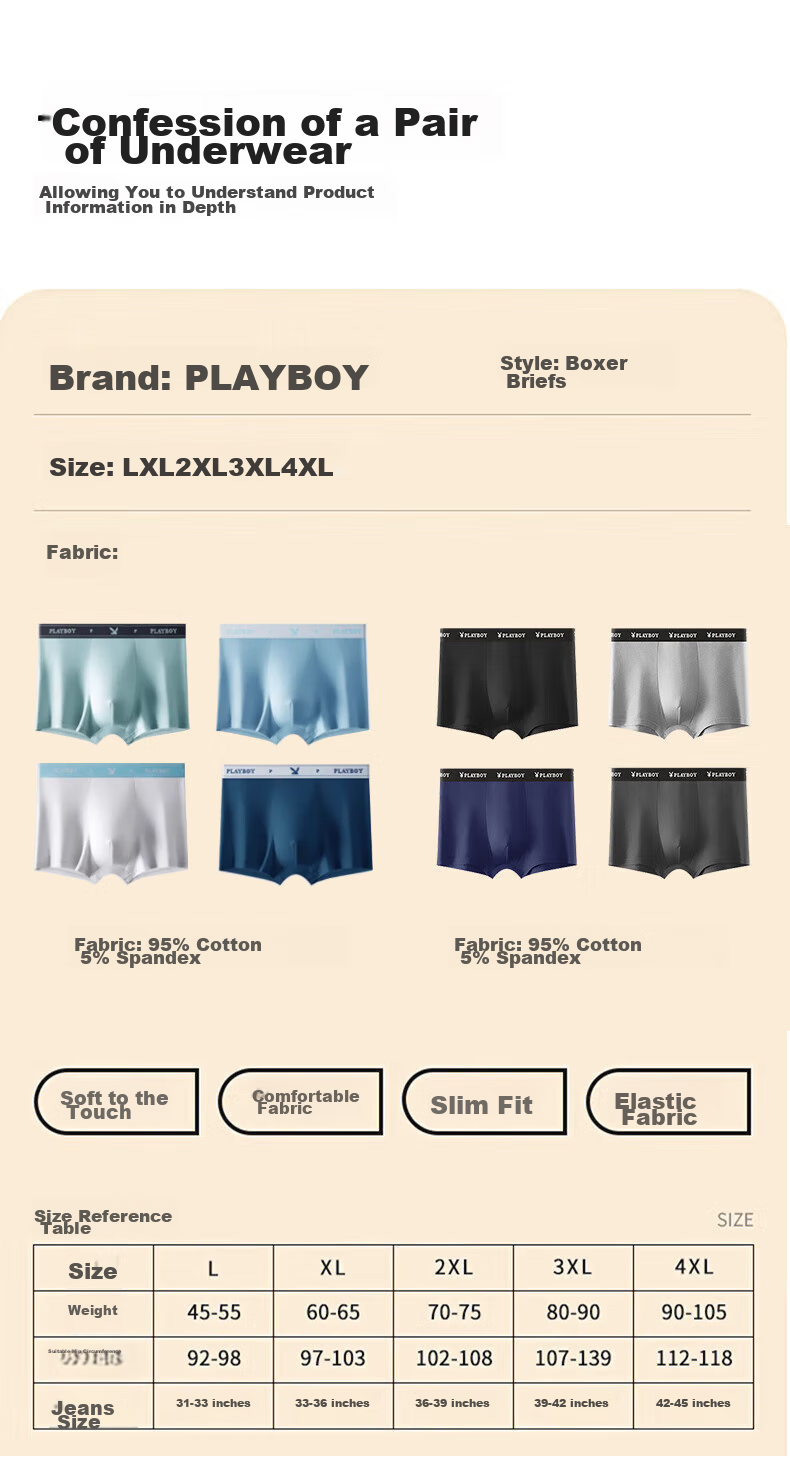 Мужские трусы PLAYBOY, хлопковые, с U-образной ластовицей, дышащие, 4 шт., размер 2XL
