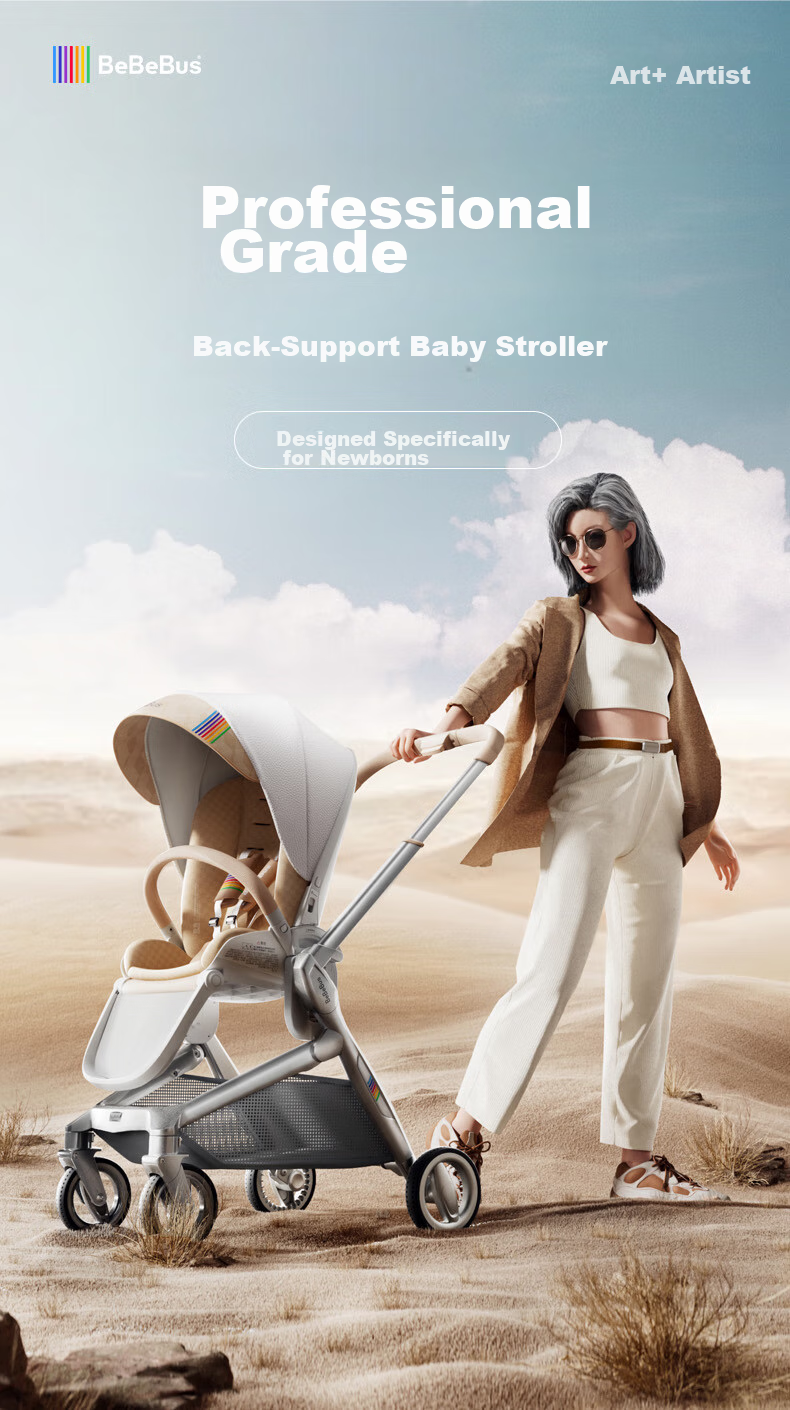 Детская коляска Bebebus Artistic Stroller, с регулируемой спинкой и сиденьем, легкая складная, реверсивная, с высоким обзором, цвет "Шампанское золото"