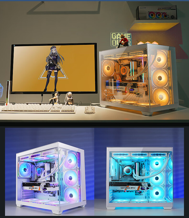 Корпус Huntkey S980 White Panoramic Edition Seaside View, ATX, mATX, Mini-ITX, белый, стекло, 160 мм, 400 мм