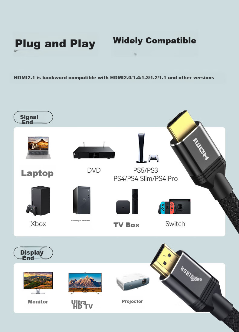 Кабель HDMI FIBBR версии 2.1, сертифицированный, 4K120Hz/8K60Hz, для приставки, проектора, большого телевизора, видеокабель, 1 метр