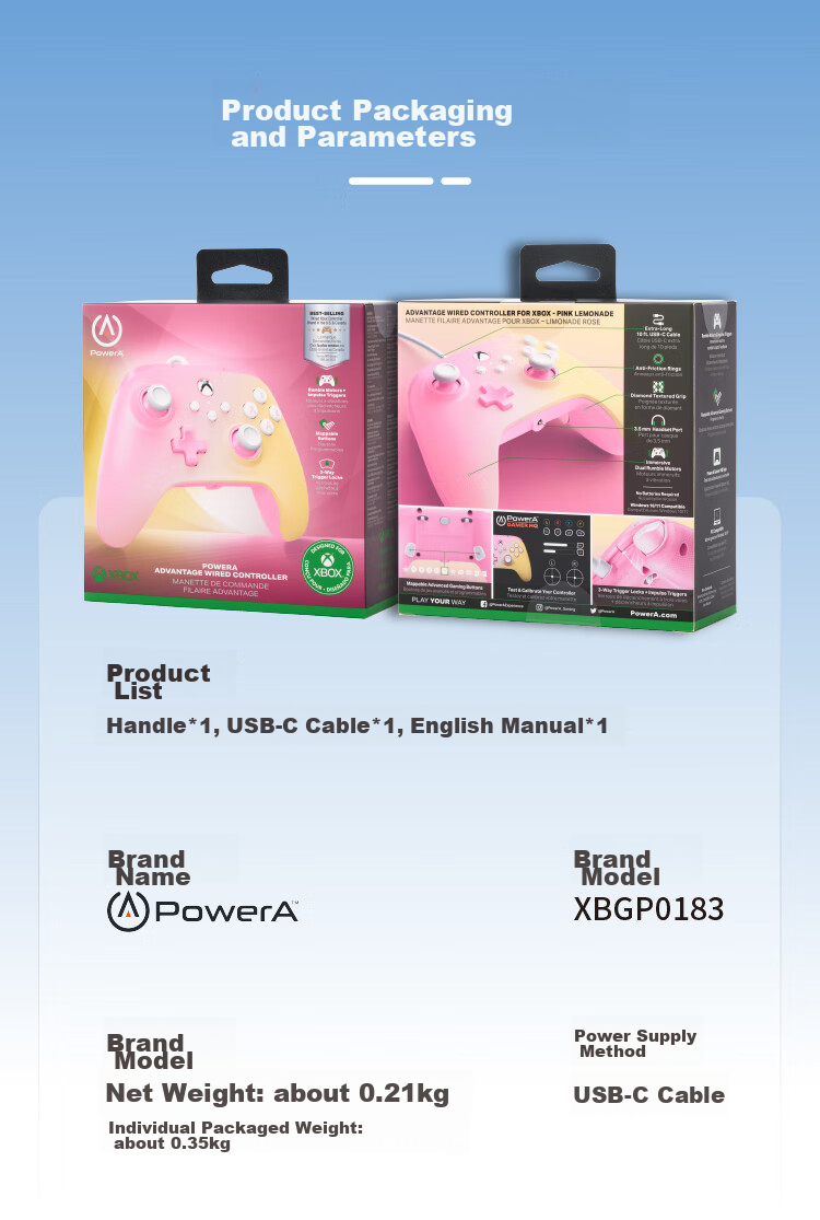 Геймпад PowerA для Xbox Series X|S, PC, Steam, проводной, Pink Lemon