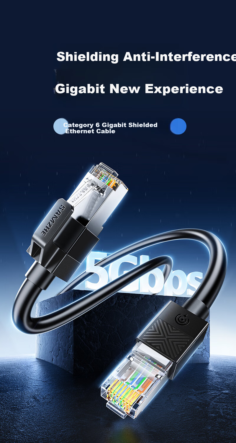Кабель SAMZHE Cat6 экранированный Ethernet, 3 метра, гигабитное широкополосное соединение, сетевой кабель для компьютера CAT6, 8-жильный витой провод с защитой от помех, черный SF6030