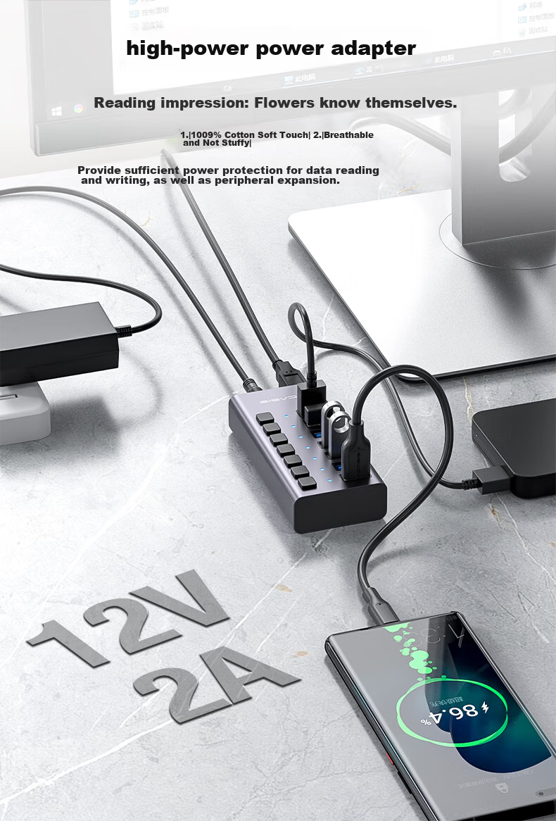 USB 3.0 концентратор Acasis HS-707MG, 7 портов с независимым управлением, алюминиевый корпус, серебристый