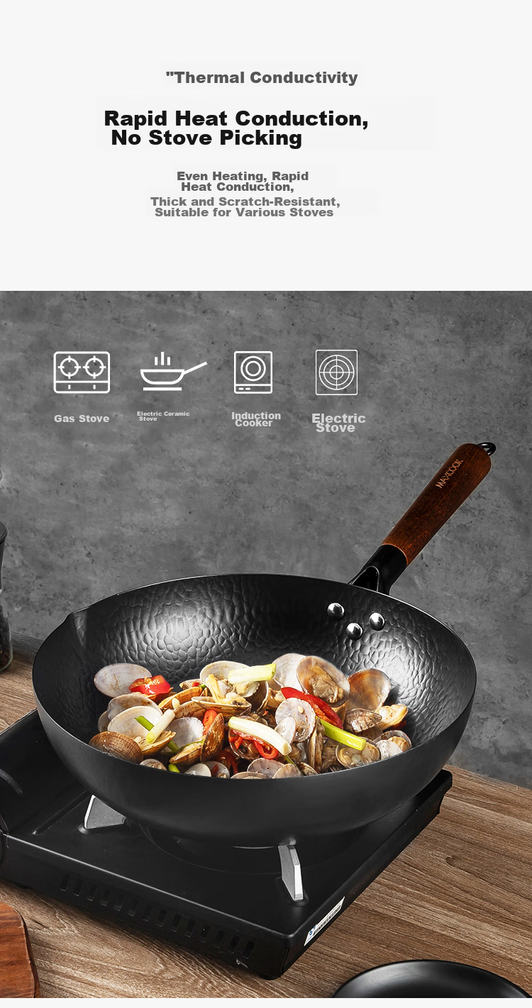 Чугунная сковорода-вок MAXCOOK, 32 см, с узором "рыбья чешуя", подходит для газовых и индукционных плит, без покрытия MCC9977