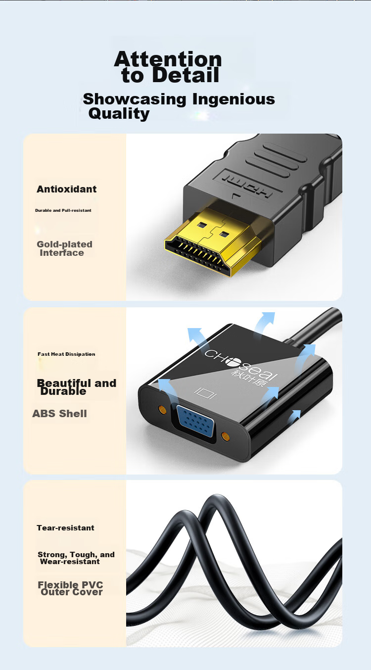 CHOOSEAL Адаптер-конвертер HDMI на VGA QS6933, для подключения компьютеров, ноутбуков, PS5, ТВ-приставок Xiaomi к мониторам и проекторам, кабель-переходник