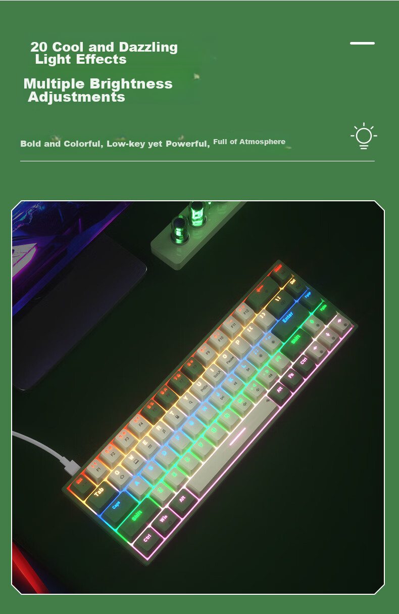 B.O.W Hangshi G68 Проводная механическая клавиатура, игровая, с горячей заменой, офисная, с подсветкой, зеленый и белый чай