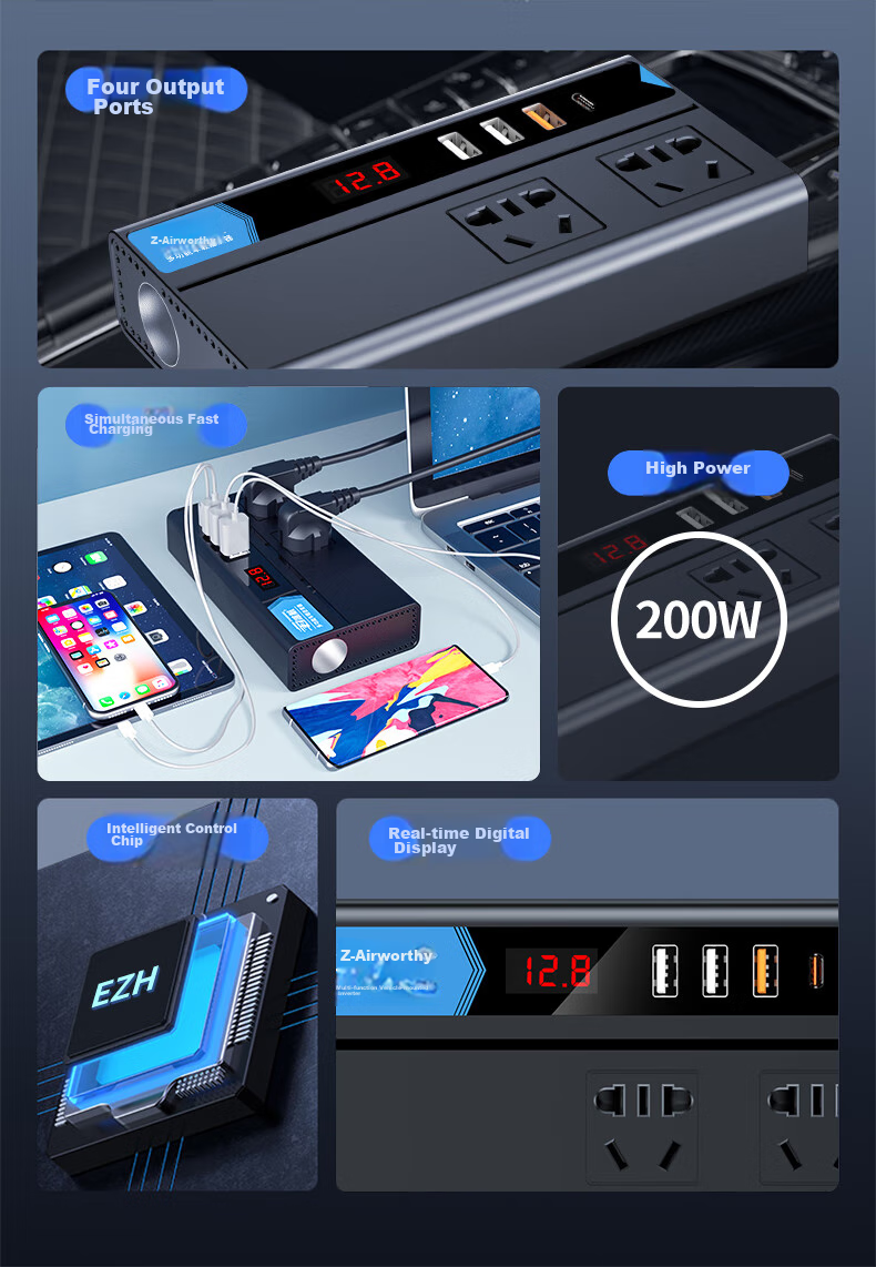 Автомобильный инвертор Zhunhang, 12V/24V в 220V, 200W, с USB-портами и дисплеем, квадратная волна