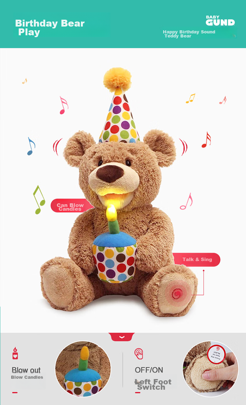 Плюшевая игрушка Gund "Медвежонок на День Рождения", музыкальная, новогодняя, подарок для малыша