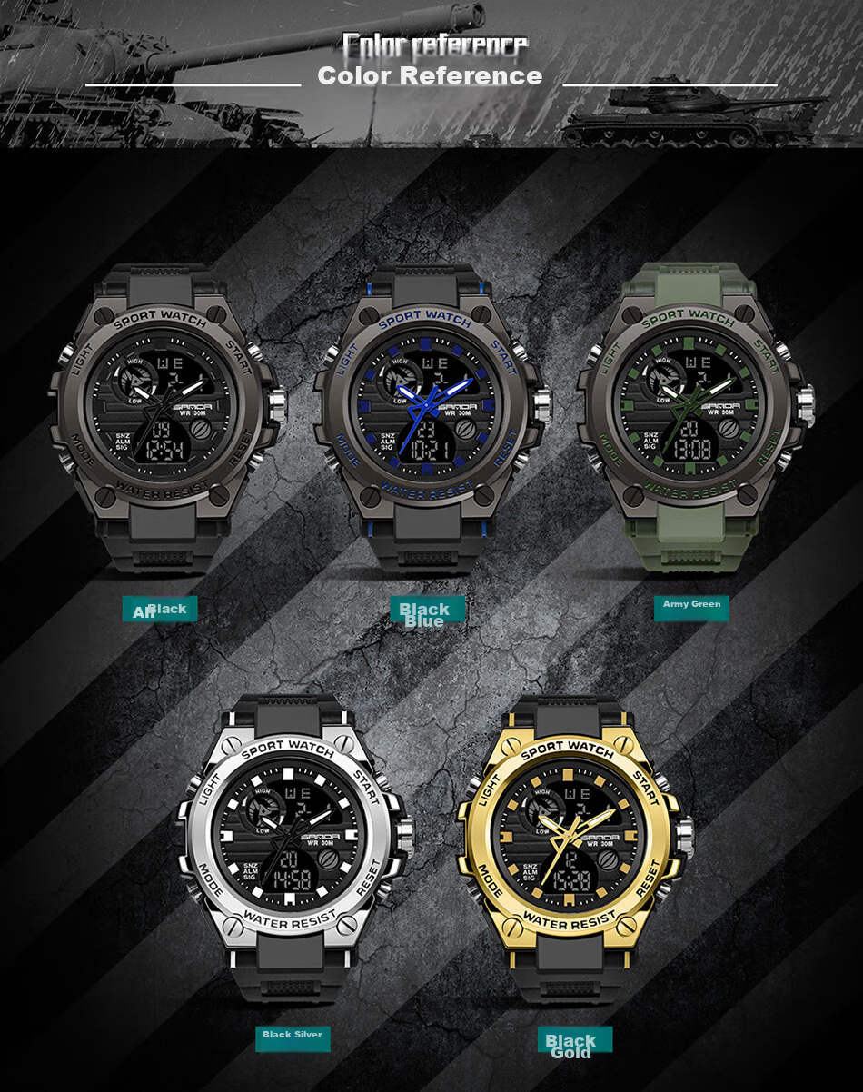 Мужские часы SANDA 739 Black Silver, спортивные электронные часы с будильником, водонепроницаемые до 30м, двойной дисплей