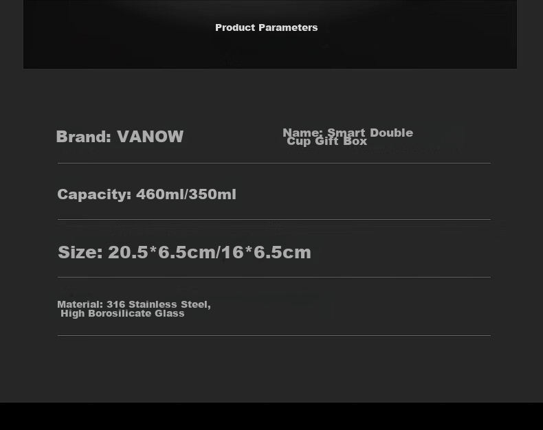 Умная термокружка Vanow с LED-дисплеем, 460 мл + 350 мл, 316 нержавеющая сталь, стекло, черный