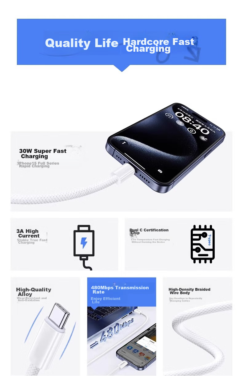 Кабель JOWOYE Apple 15, кабель данных для iPhone 16 Pro Max/Plus, кабель быстрой зарядки USB-C для iPad Pro/Air 5, плетеный кабель зарядки Type-C для CarPlay