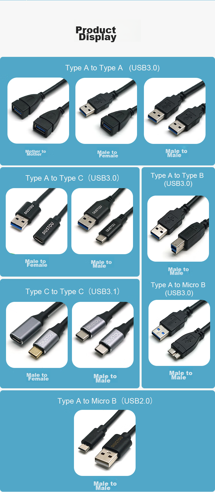 Переходник Diushitou USB 3.0 на Type-C Female, 5A, 1 метр