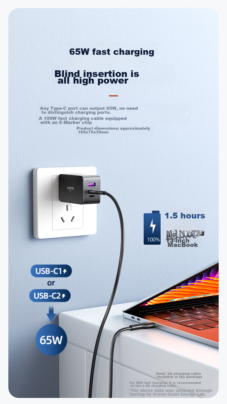 Llano 65W GaN зарядное устройство для ноутбука, Type-C кабель, быстрая зарядка PD, совместимое с MacBook, Xiaomi, Huawei, Lenovo, Apple, адаптер питания
