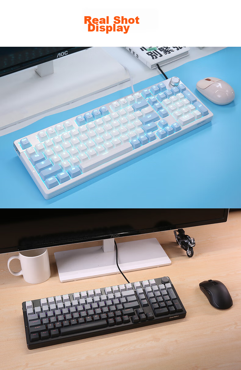 Механическая клавиатура DAREU EK815pro, проводная, 98 клавиш, с мультимедийным регулятором, анти-гостинг, подсветка, белый дымчато-синий