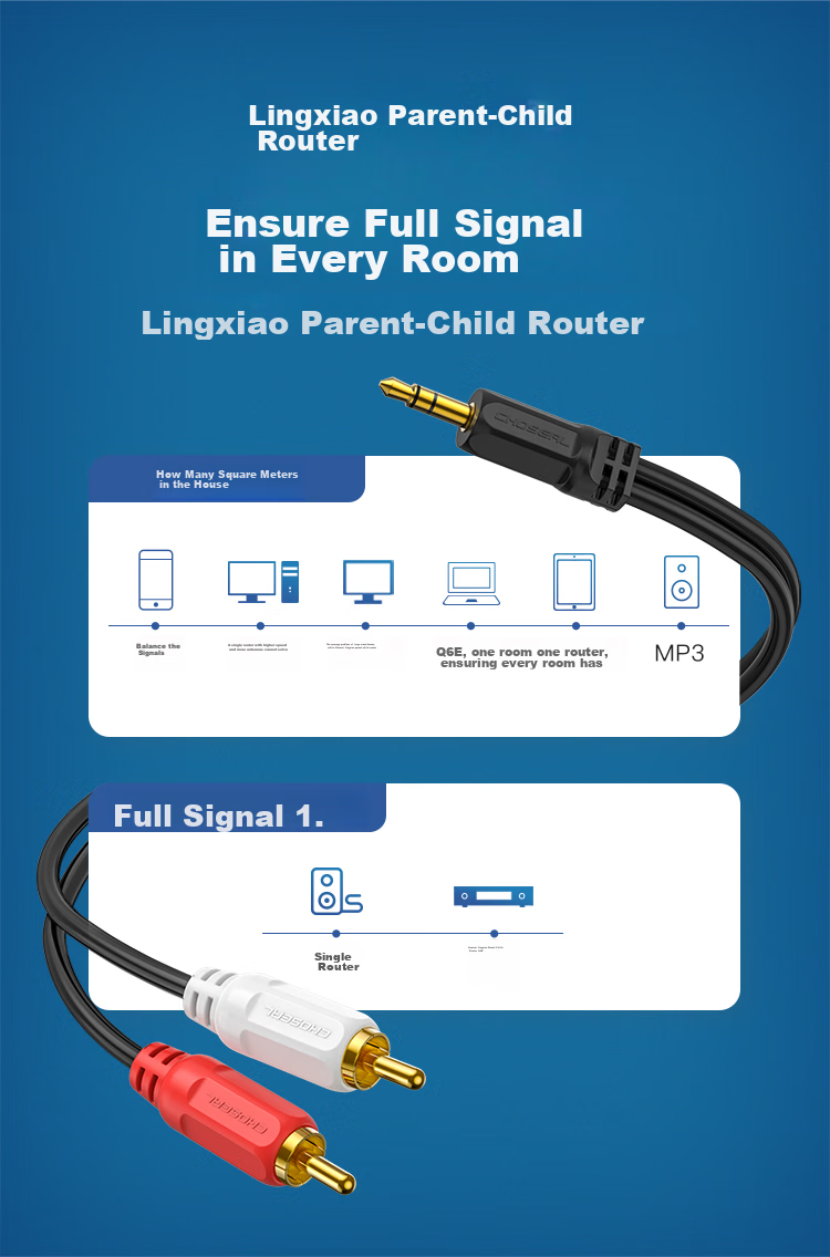 Аудиокабель CHOSEAL QS3002T3, 3.5 мм на 2 RCA, 3 метра, черный