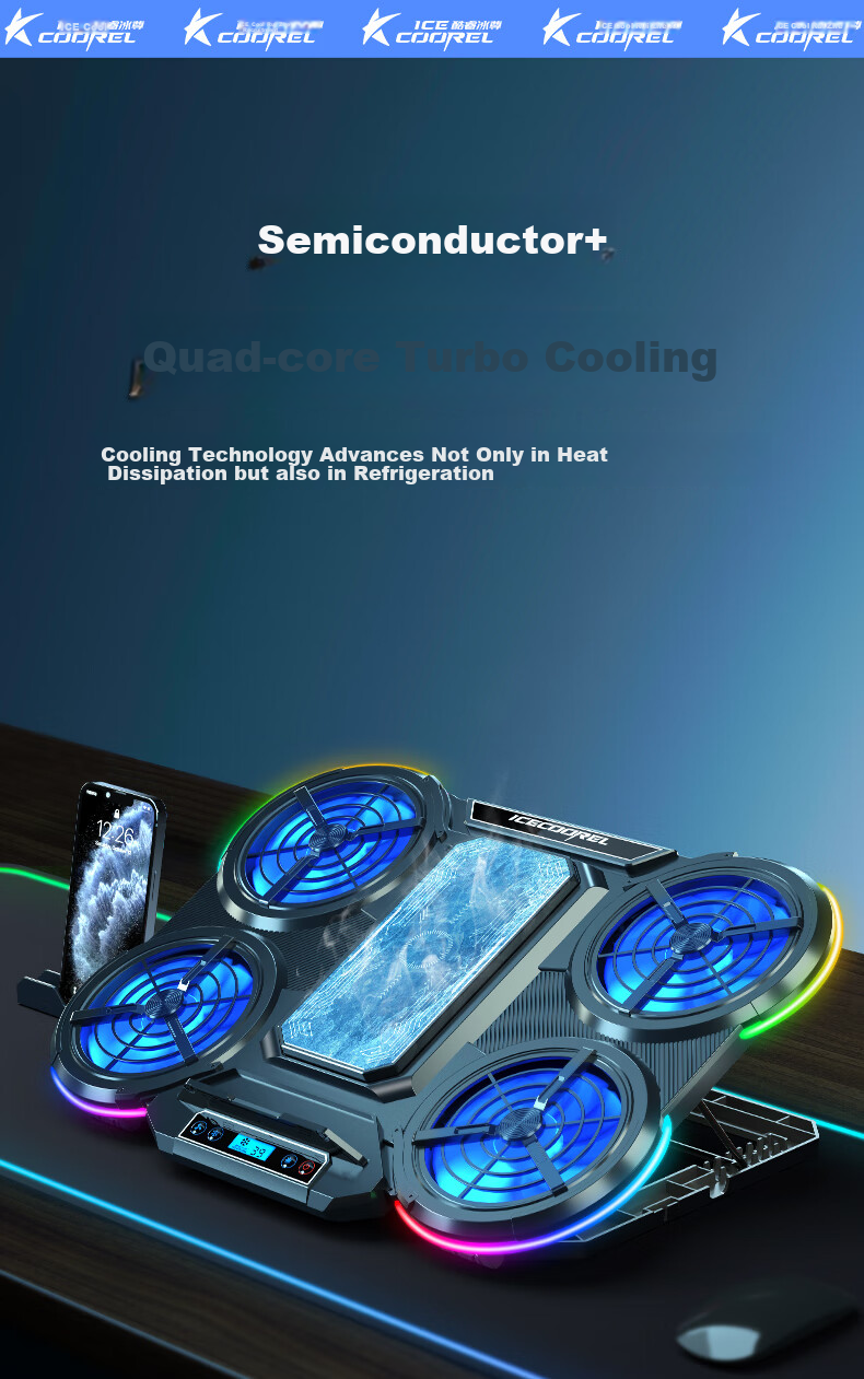 Охлаждающая подставка для ноутбука ICE COOREL Q5, полупроводниковое охлаждение, подставка для компьютера, рассеивание тепла, регулируемая скорость с RGB-подсветкой