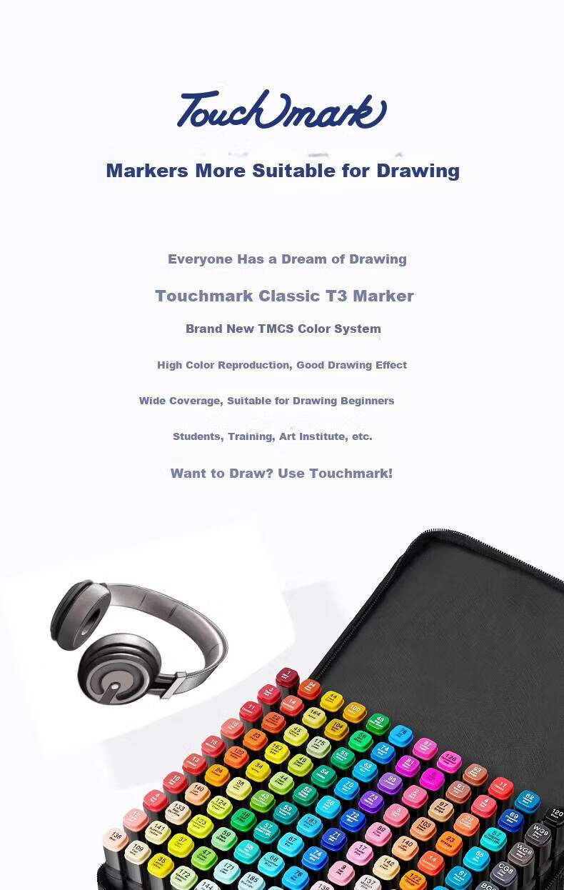 Маркеры Touch mark T3 Marker, набор 80 цветов, двухсторонние, спиртовые, с тонким и скошенным наконечником, для рисования и дизайна