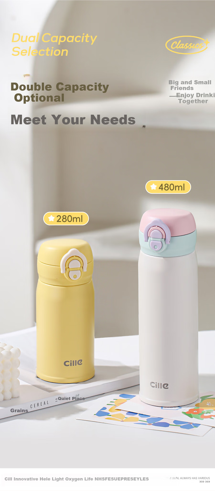 Термокружка Cille Insulated Mug, 316 Нержавеющая сталь, большой объем, студенческая бутылка для воды, для мужчин и женщин, портативная для улицы, с откидной крышкой, с соломинкой, 480 мл, цвет "Таохуафэнь"