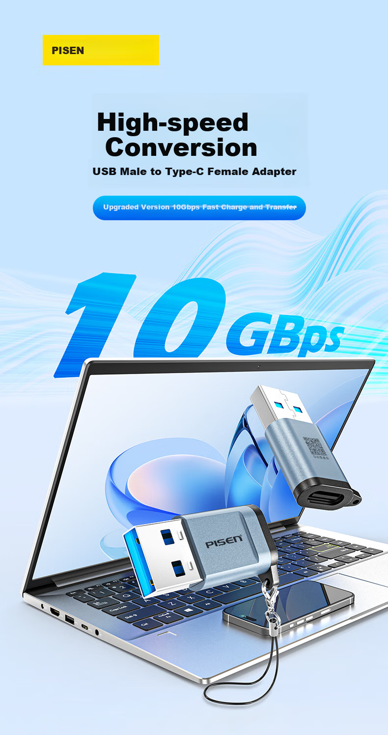 Адаптер PISEN USB 3.2 на Type-C OTG, 10 Гбит/с, для Apple, Huawei, Android, ноутбуков, черный