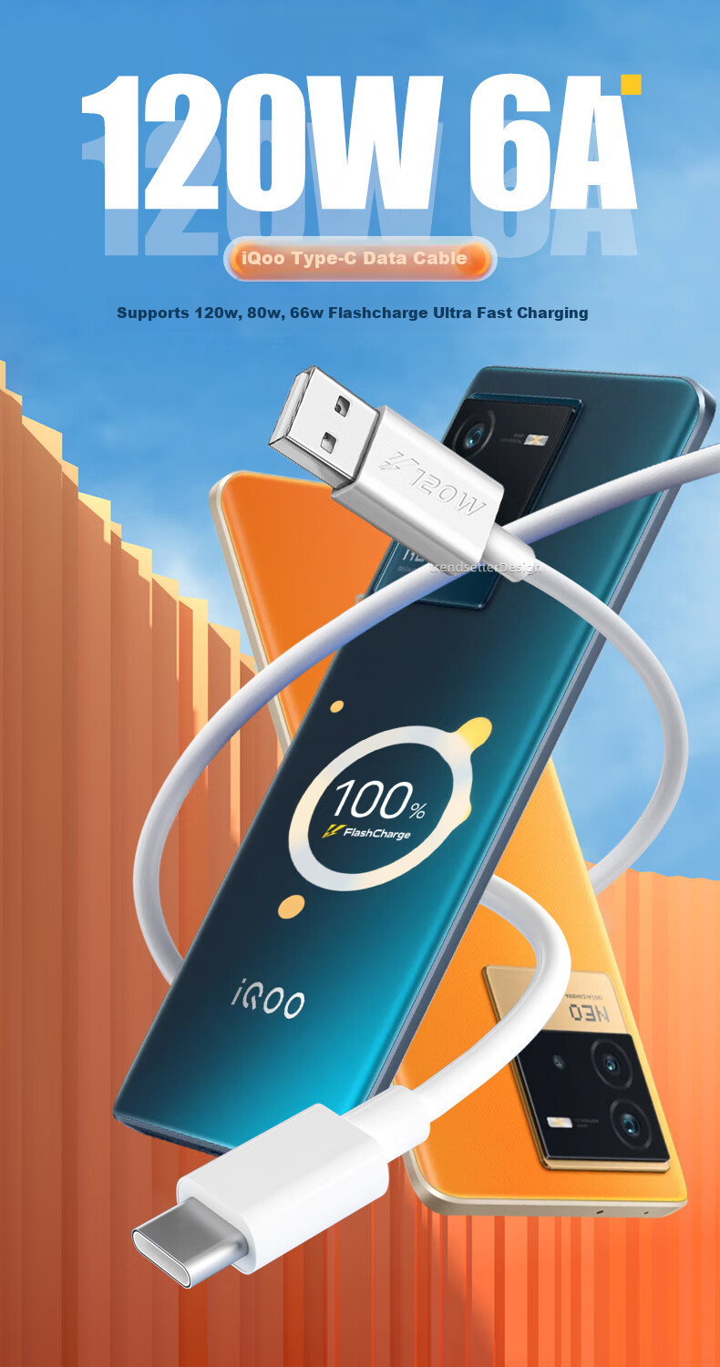 Кабель Trendsetter Type-C 6A 120W, 1 метр, белый