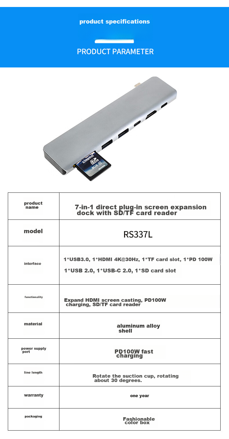 USB-C хаб Youlianxing, 7-в-1, с HDMI 4K, USB 3.0, SD/TF кардридером, PD зарядкой, алюминиевый корпус, серебристый