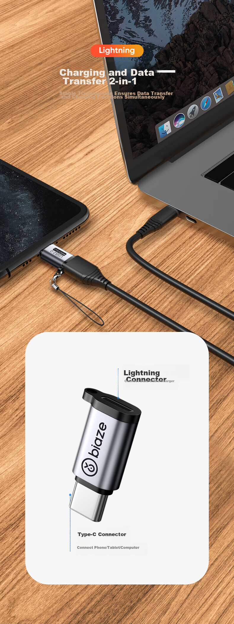 Переходник BIAZE Lightning (Female) - Type-C (Male) для зарядки и передачи данных, серебристый