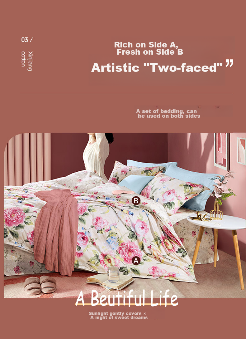 Комплект постельного белья FUANNA Home Textiles, 100% хлопок, 4 предмета, стиль "Пастораль", размер "1.5-метр", цветочный принт, розовый