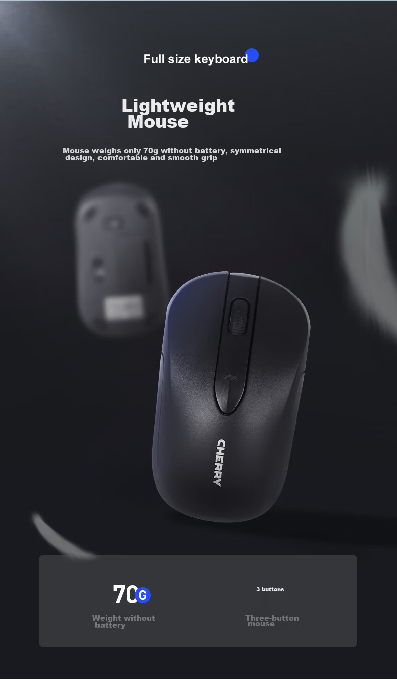 Беспроводной комплект CHERRY DW2300: клавиатура и мышь, черный. Полноразмерная, тихая, портативная, для офиса и дома.