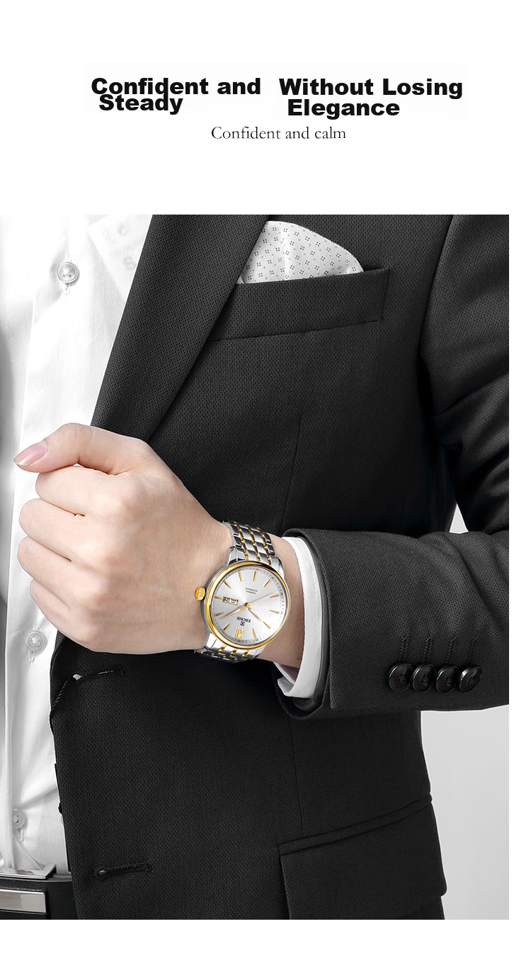 Мужские часы EBOHR Master Series 51879418 с автоматическим механическим механизмом, золотистый браслет из нержавеющей стали, водонепроницаемость 50 м, сапфировое стекло