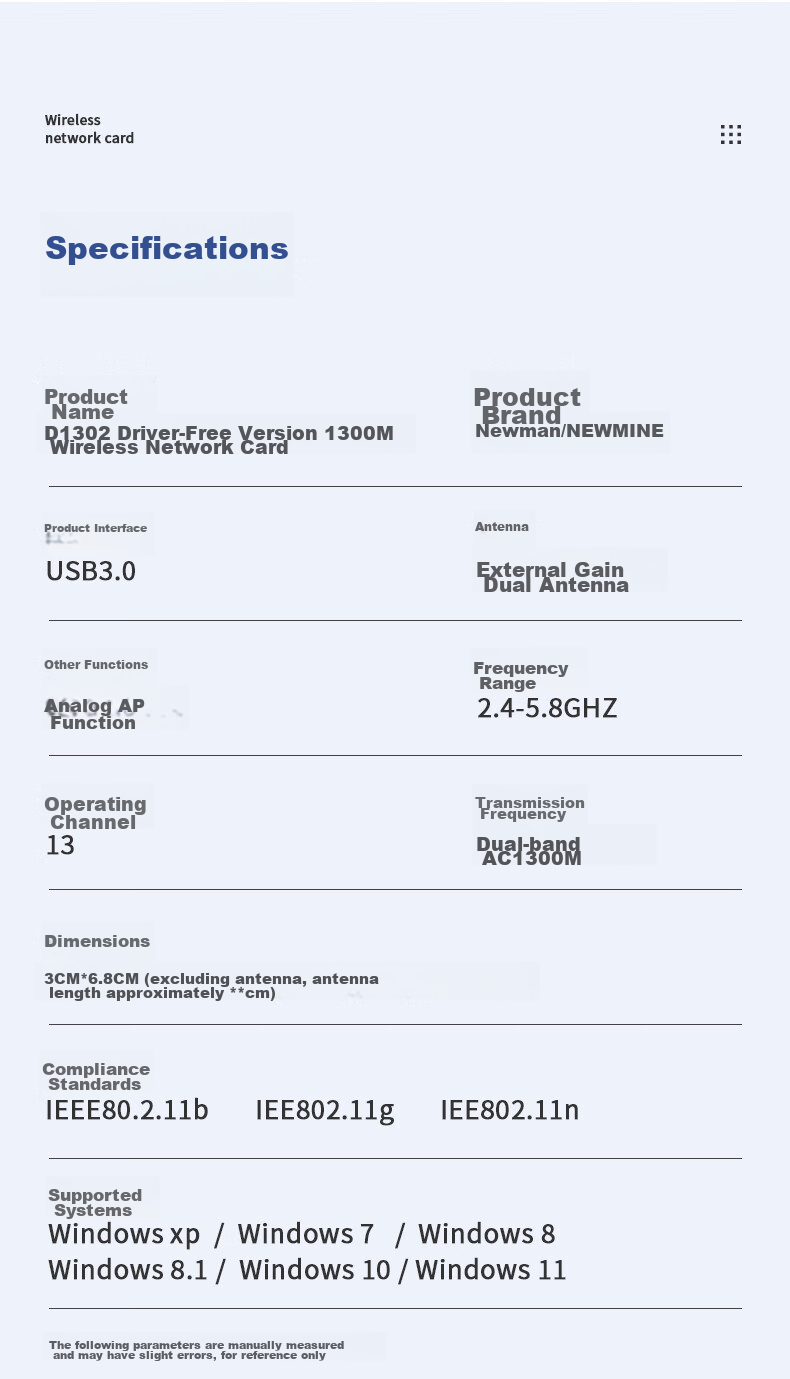 Сетевой адаптер Newmine D1302, 1300 Мбит/с, двухдиапазонный, USB 3.0, с двумя внешними антеннами, для настольных ПК и ноутбуков