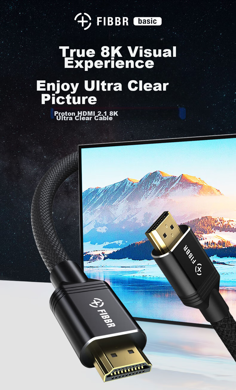 Кабель HDMI FIBBR версии 2.1, сертифицированный, 4K120Hz/8K60Hz, для приставки, проектора, большого телевизора, видеокабель, 1 метр