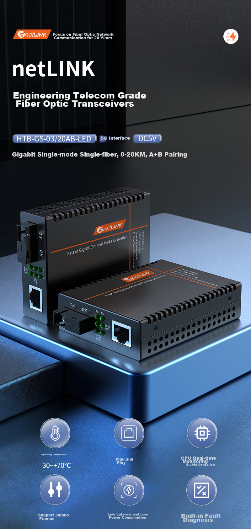 Сетевой медиаконвертер NetLINK HTB-GS-03/20AB-LED, Gigabit Ethernet, одномодовый, 20 км, SC