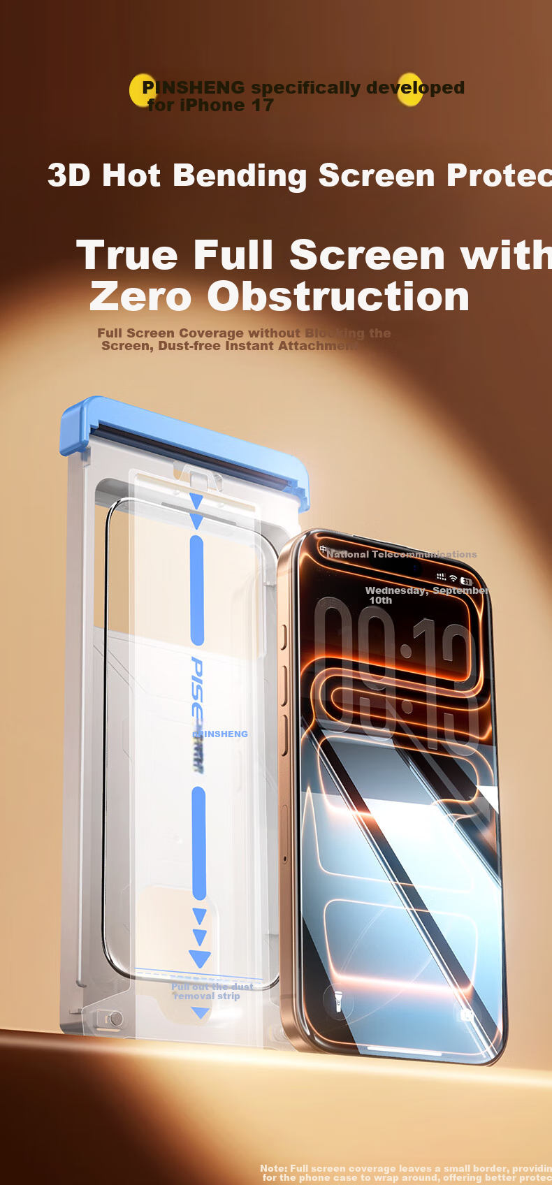 Защитное стекло PISEN для Apple iPhone 17 Pro, 3D горячее изгибание, полное покрытие, антибликовое, противоударное, прозрачное, 1 шт.