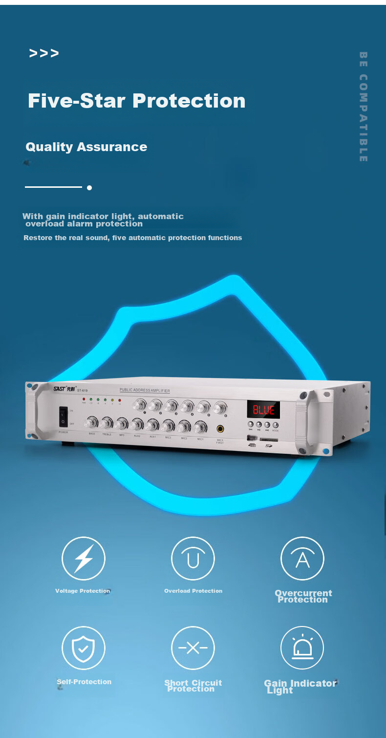 Усилитель SAST ST-619, 200 Вт, Bluetooth, 6 зон, черный