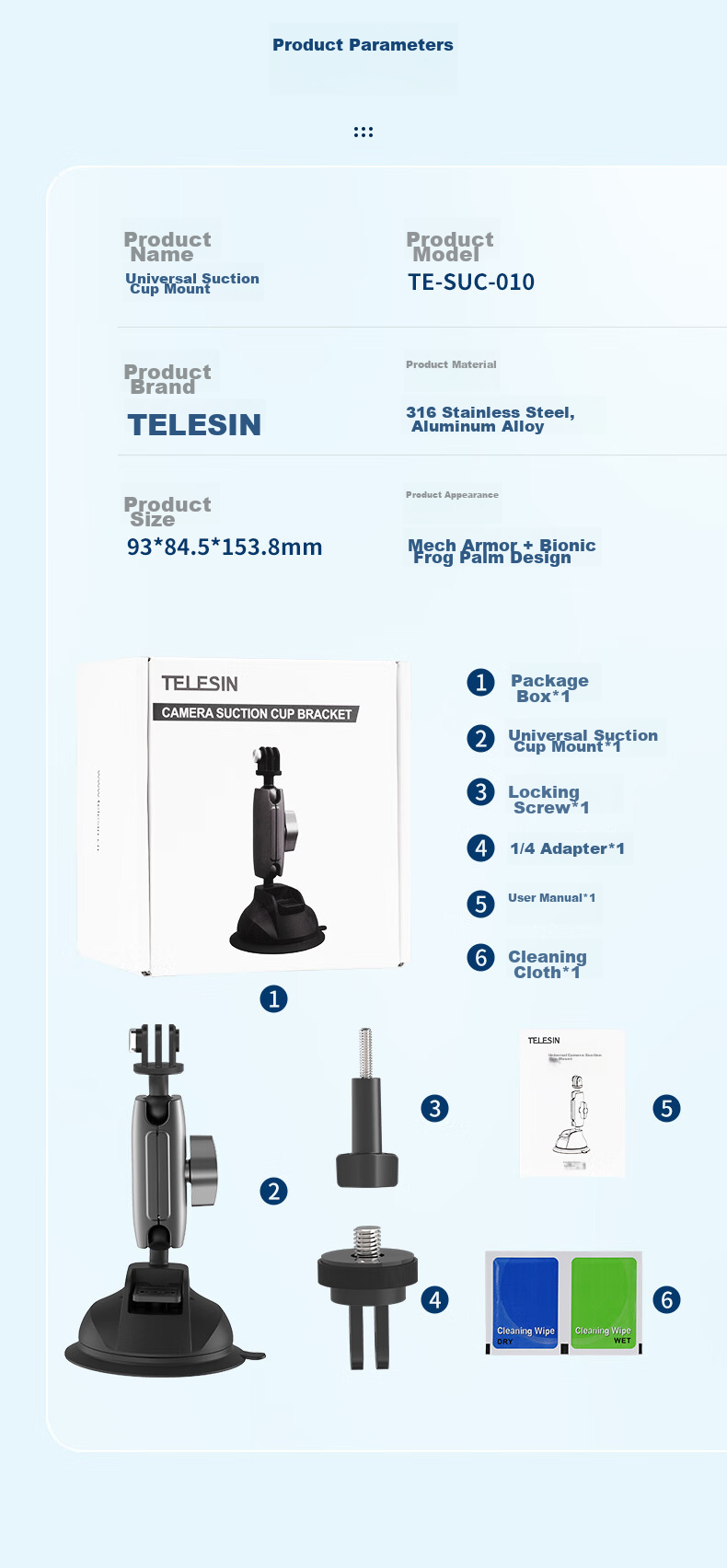 TELESIN Крепление-присоска для экшн-камер, совместимо с DJI Action 4, 5 Pro, 6, GoPro, Acepro 2, из алюминиевого сплава