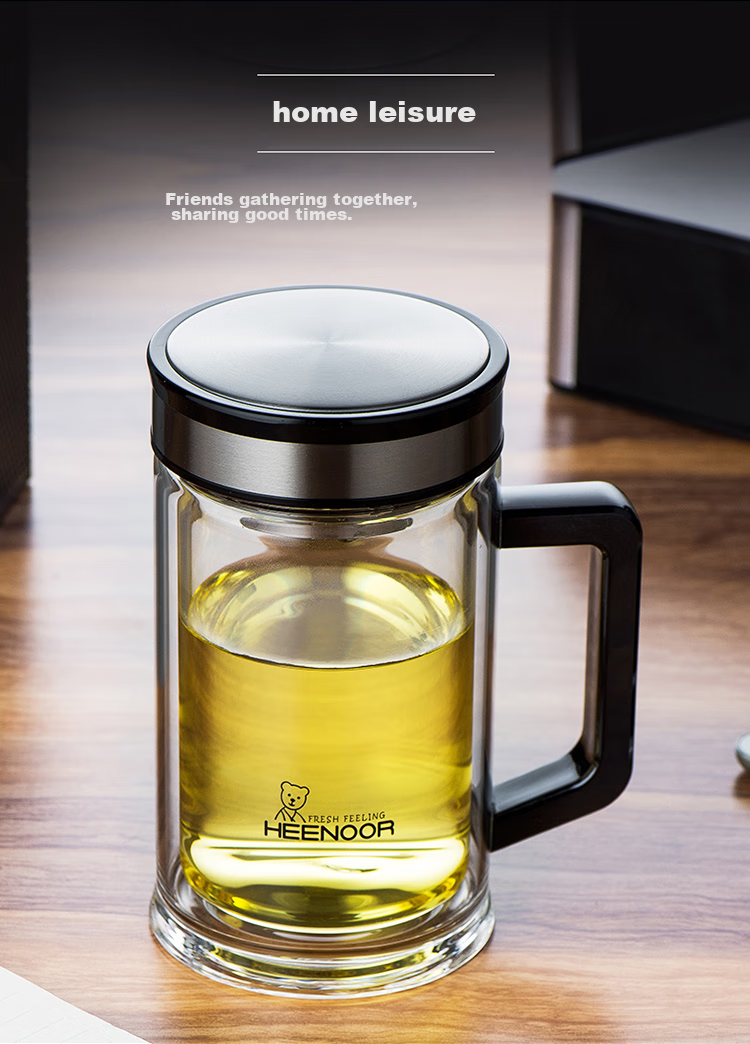 Кружка HEENOOR XN-9005 с двойными стенками и ситечком, 420 мл, высококачественная стеклянная кружка для чая с ручкой, для дома и офиса, прозрачная